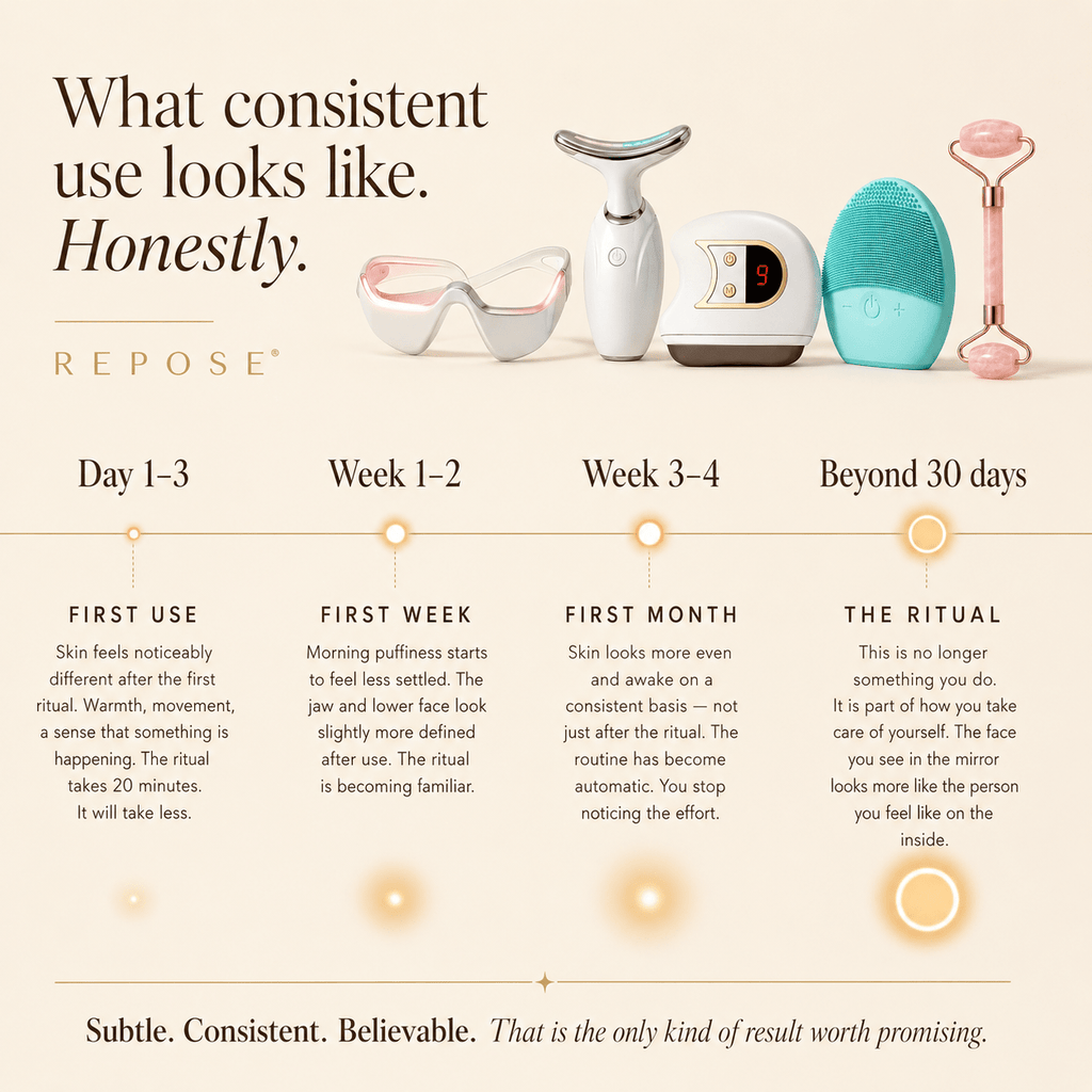 Cosmetic tools with a timeline of use on a beige background