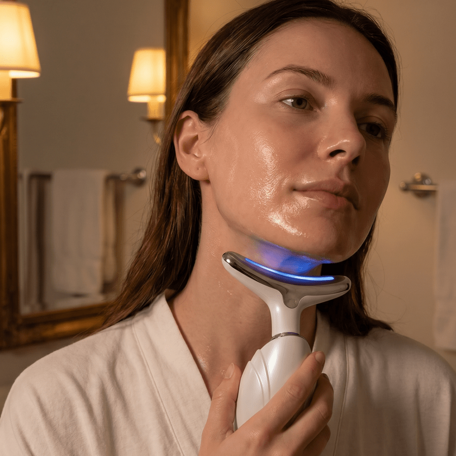 Woman using a skincare device in a bathroom setting