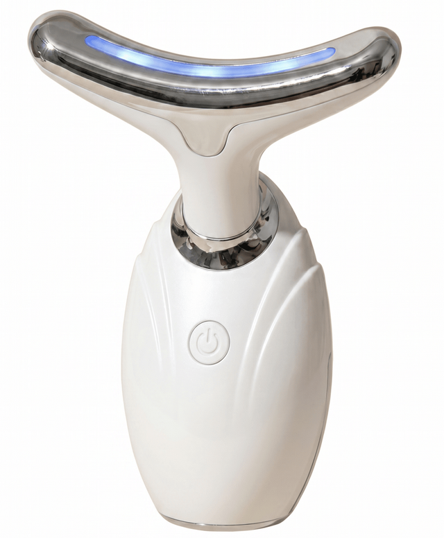 White facial massager with blue light on a white background