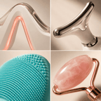 Collage of four skincare tools with close-up details on a neutral background
