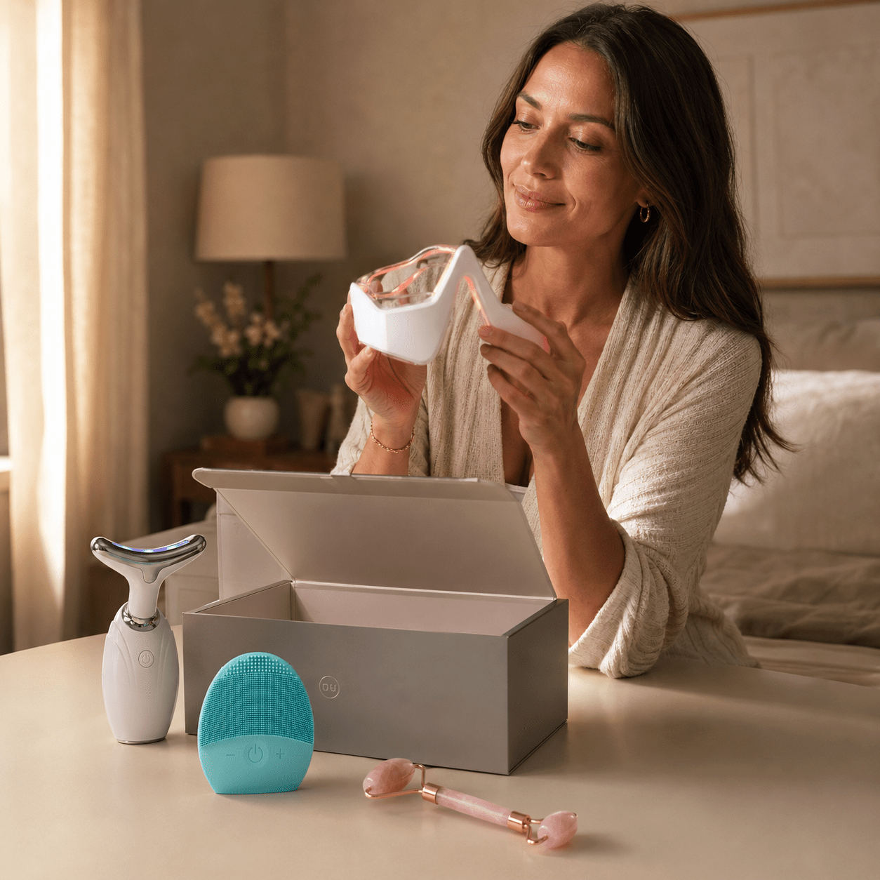 Woman opening a box containing skincare devices in a cozy room.