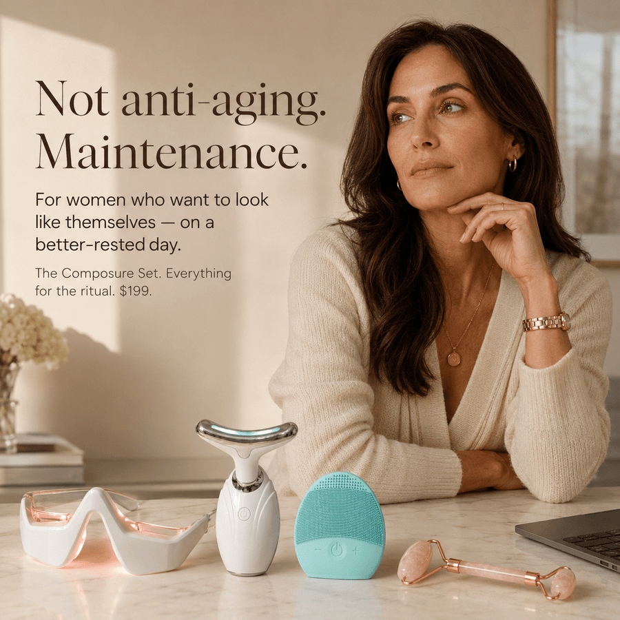Woman sitting at a table with skincare devices and text about 'Not anti-aging. Maintenance.'