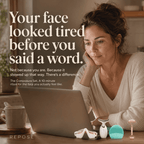Woman using a laptop with skincare products on a table, text overlay about facial care routine.