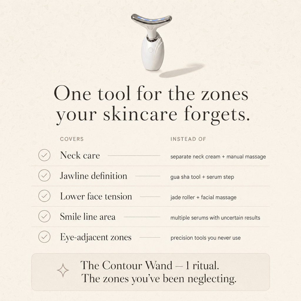 White contouring tool on a beige background with text about skincare benefits.