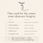 White contouring tool on a beige background with text about skincare benefits.