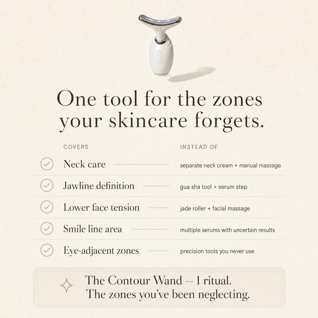 White contouring tool on a beige background with text about skincare benefits.