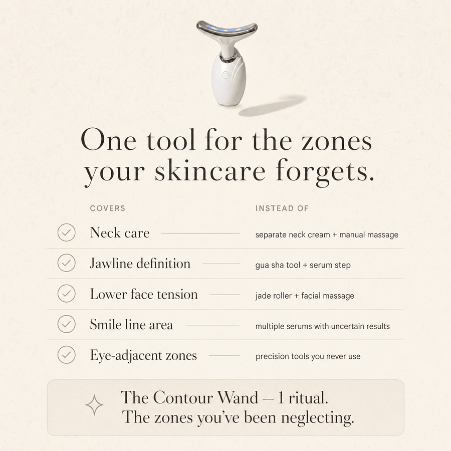 White contouring tool on a beige background with text about skincare benefits.