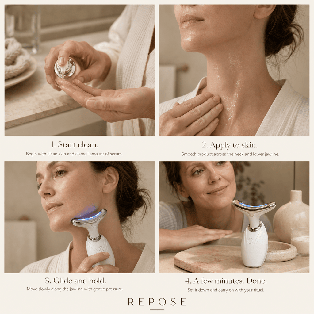 Step-by-step guide on using a skincare product with close-up shots of application and results.