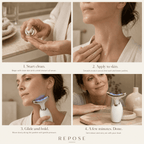 Step-by-step guide on using a skincare product with close-up shots of application and results.