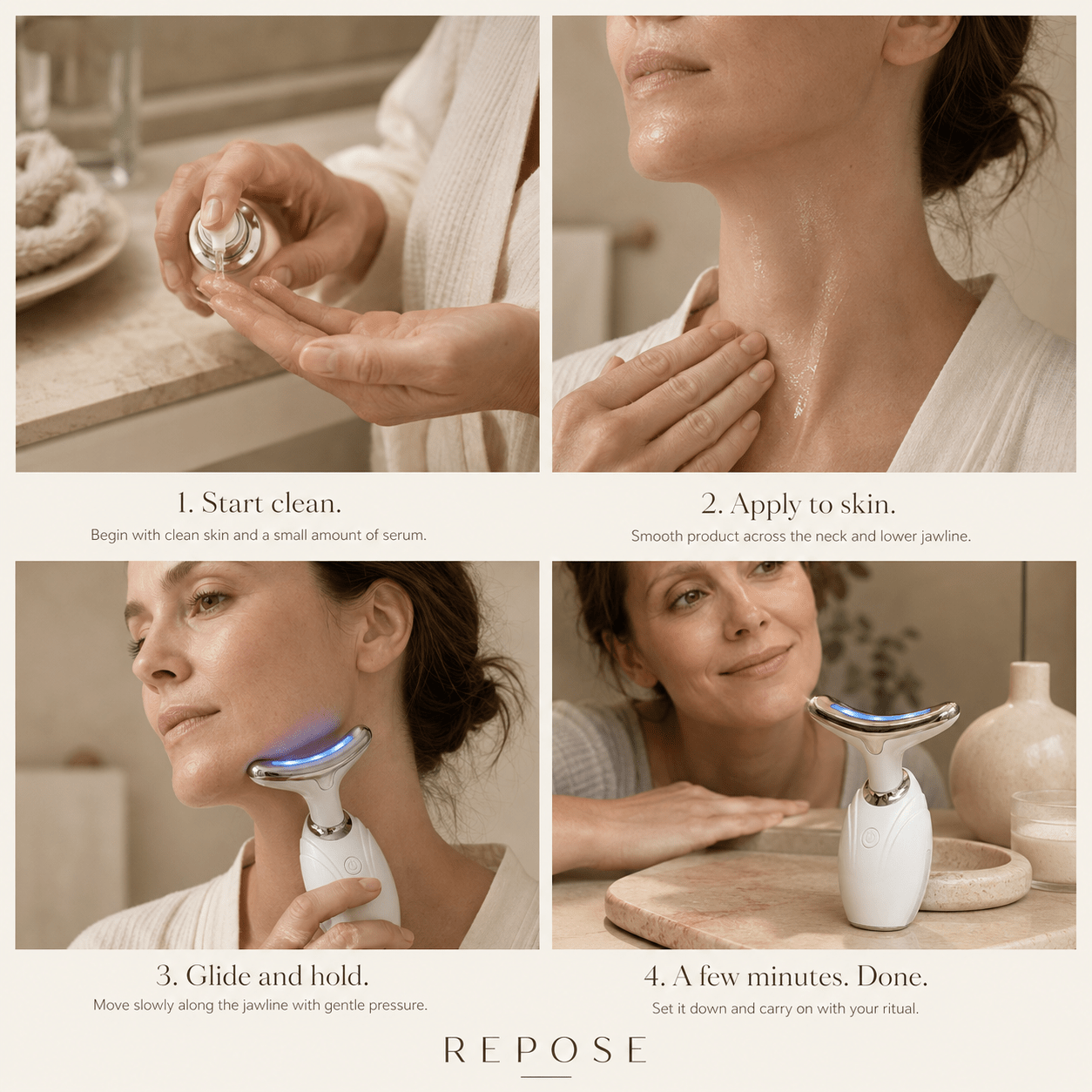 Step-by-step guide on using a skincare product with close-up shots of application and results.