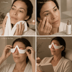 Step-by-step skincare routine with a woman using a product labeled 'The Halo'.