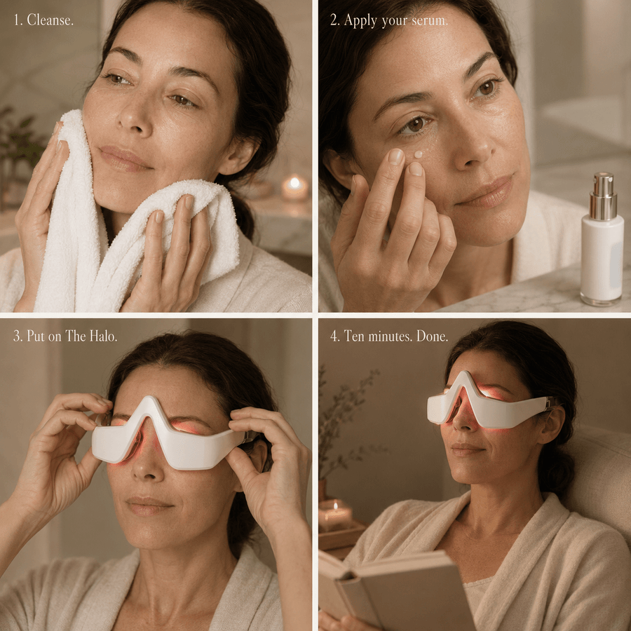 Step-by-step skincare routine with a woman using a product labeled 'The Halo'.