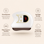 Beauty device with digital display on a beige background, featuring text about its functions.