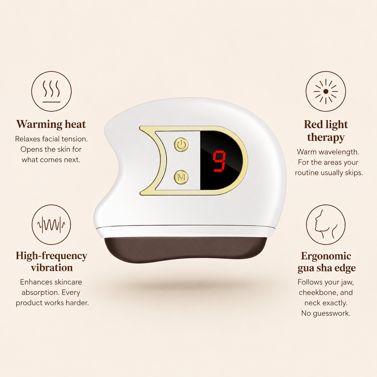 Beauty device with digital display on a beige background, featuring text about its functions.