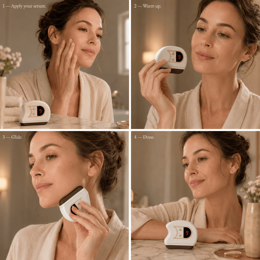 Woman using a skincare device with step-by-step instructions on a neutral background