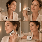Woman using a skincare device with step-by-step instructions on a neutral background