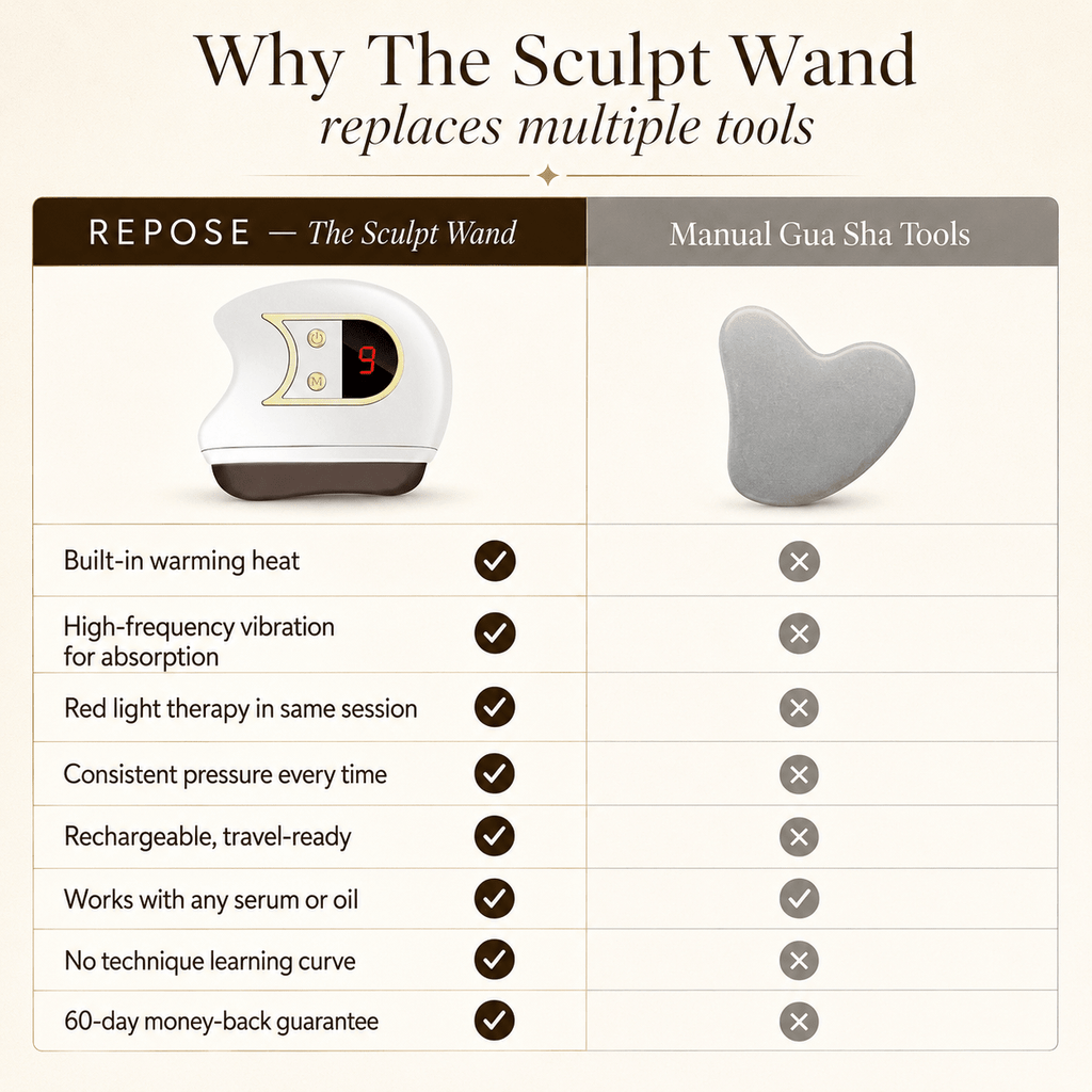Comparison chart of REPOSE Sculpt Wand with manual Gua Sha tools on a beige background.
