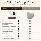 Comparison chart of REPOSE Sculpt Wand with manual Gua Sha tools on a beige background.