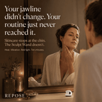 Woman using a skincare device in front of a mirror with promotional text for Repose.