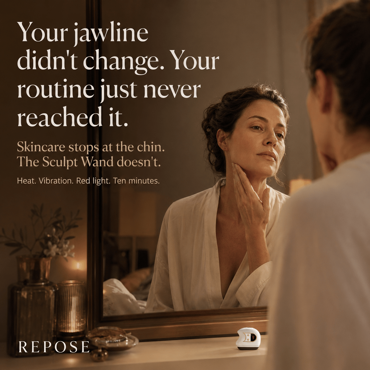 Woman using a skincare device in front of a mirror with promotional text for Repose.