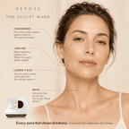 Woman's face with labeled skincare zones and a Repose Sculpt Wand on a beige background