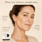 Woman's face with skincare product and text on circulation, lymphatic flow, and puffiness.