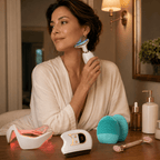 Woman using a skincare device with various skincare products on a table.