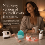 Woman holding a mug with skincare tools on a table, text about self-care.