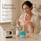 Woman using a skincare device with REPOSE branding, featuring a lifetime warranty and shipping information.