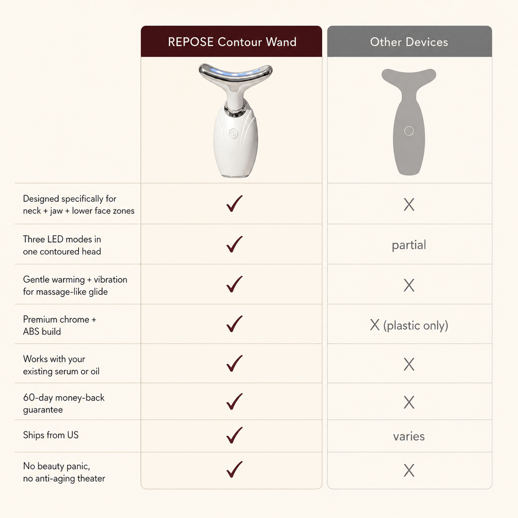 Comparison chart of REPOSE Contour Wand with other devices on a beige background