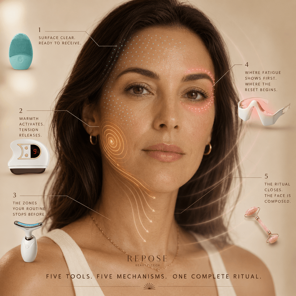 Woman with facial features highlighted and text describing a skincare ritual, with 'Repose' branding.