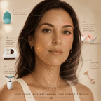Woman with facial features highlighted and text describing a skincare ritual, with 'Repose' branding.