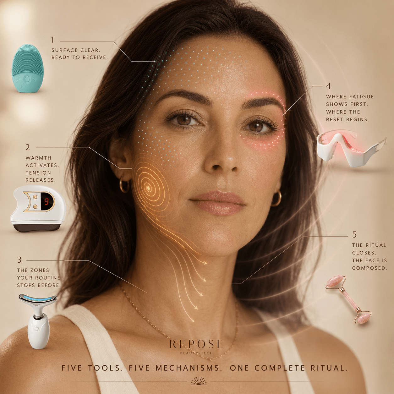 Woman with facial features highlighted and text describing a skincare ritual, with 'Repose' branding.