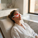Woman wearing red light therapy glasses in a modern bathroom.