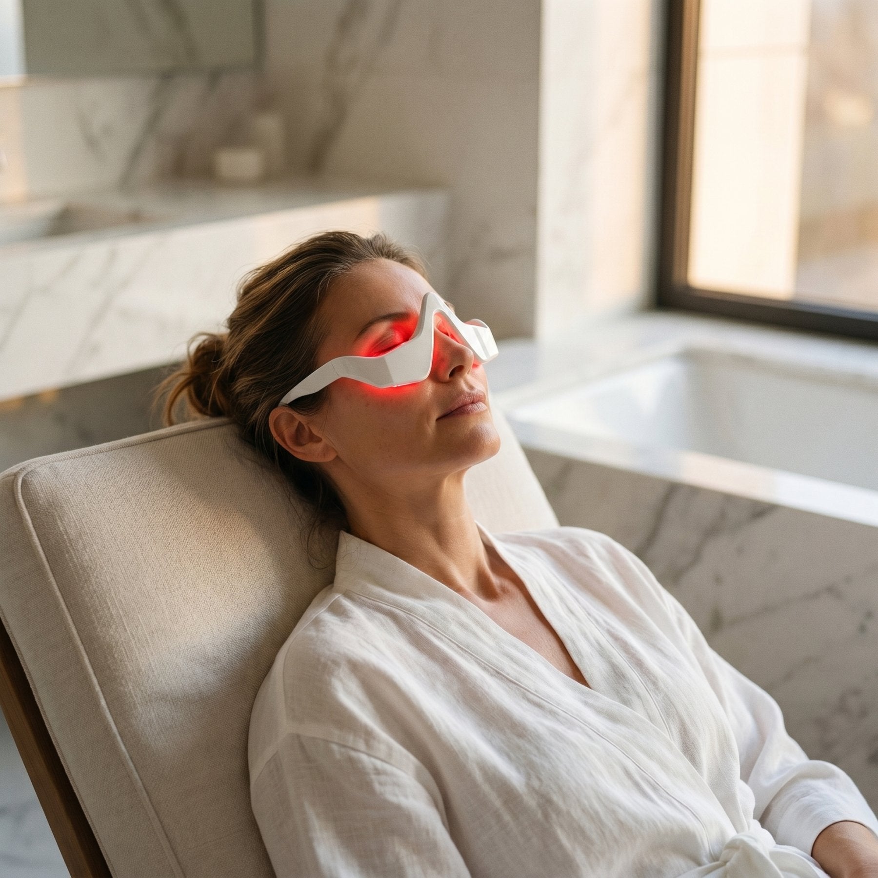 Woman wearing red light therapy glasses in a modern bathroom.