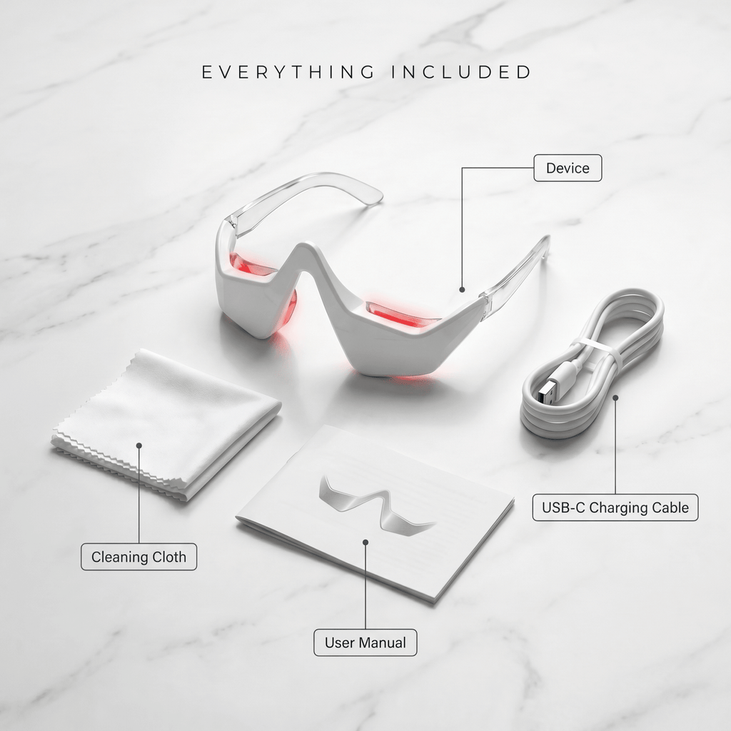 The Halo with cleaning cloth, USB-C charging cable, and user manual on a marble surface