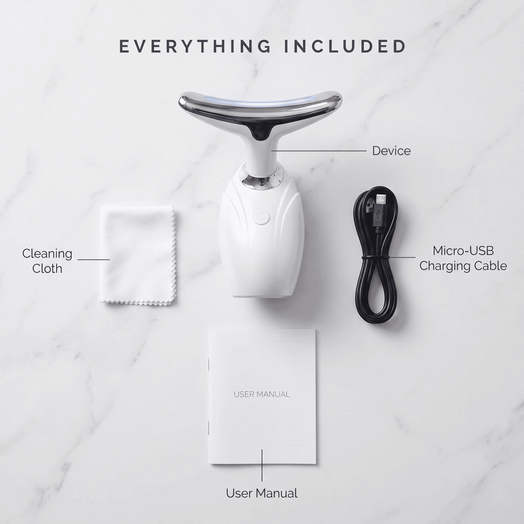 Conotour wandwith cleaning cloth, user manual, and micro-USB charging cable on a white background