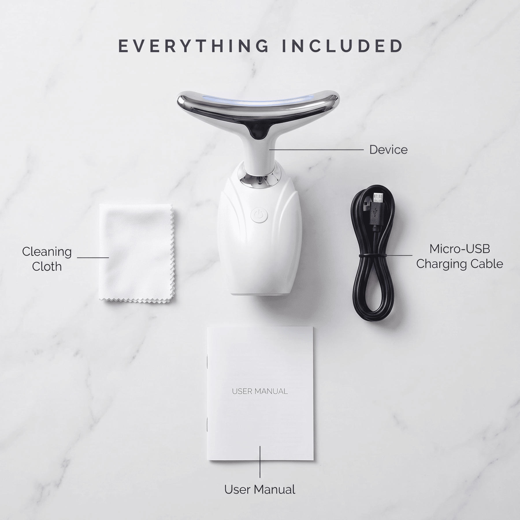 Conotour wandwith cleaning cloth, user manual, and micro-USB charging cable on a white background