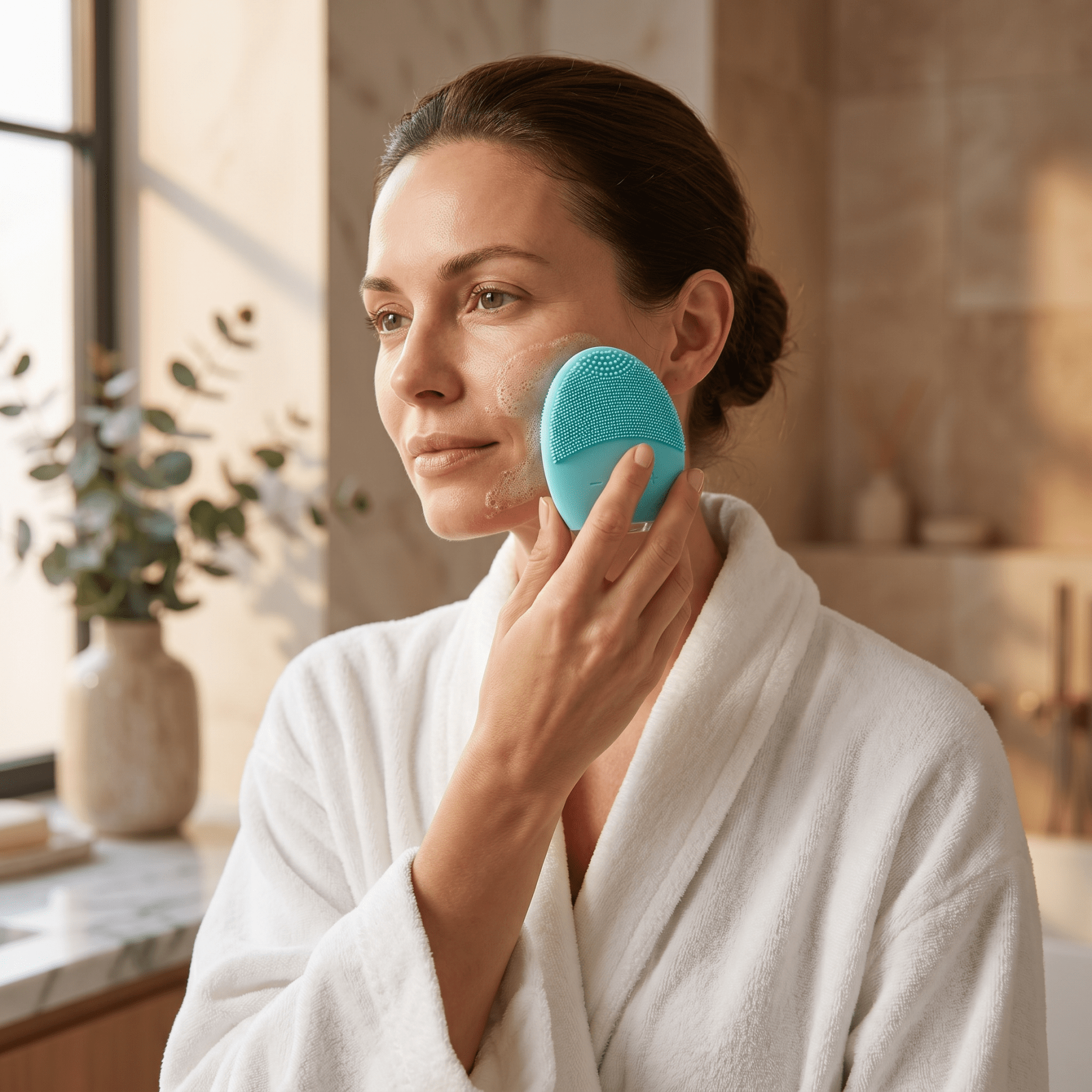 Woman in a white robe using a blue facial cleansing brush in a bathroom.