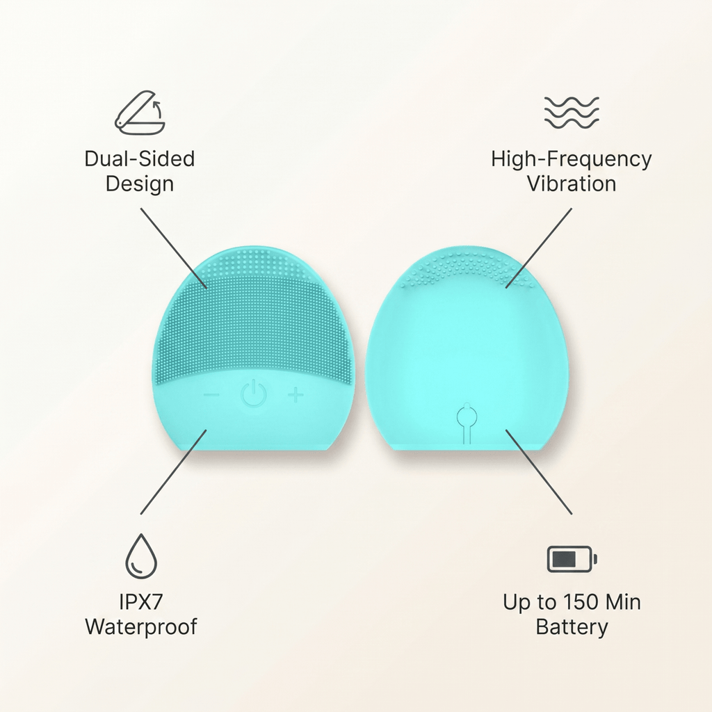 Turquoise cleaning brush with features labeled on a beige background