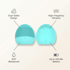 Turquoise cleaning brush with features labeled on a beige background