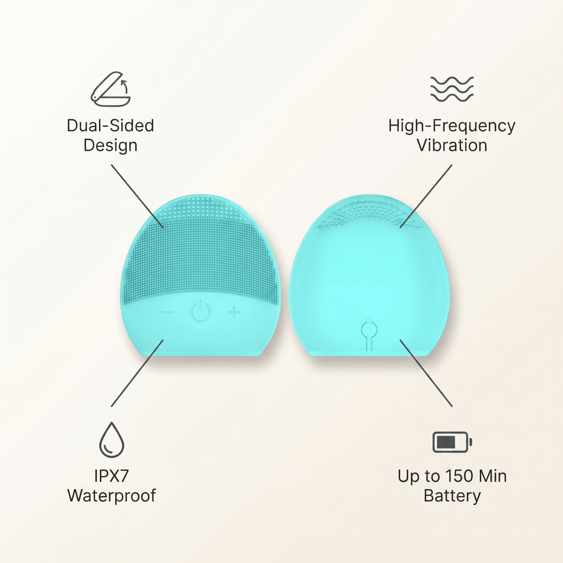 Turquoise cleaning brush with features labeled on a beige background