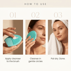 Step-by-step guide on how to use a facial cleansing brush with images and text.