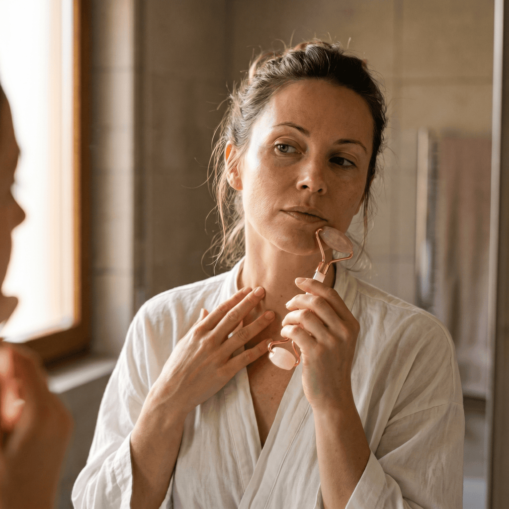 Woman in a white robe using a facial roller in front of a mirror.