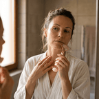 Woman in a white robe using a facial roller in front of a mirror.