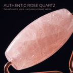 Rose quartz stone on a black background with text about authenticity and cooling properties.