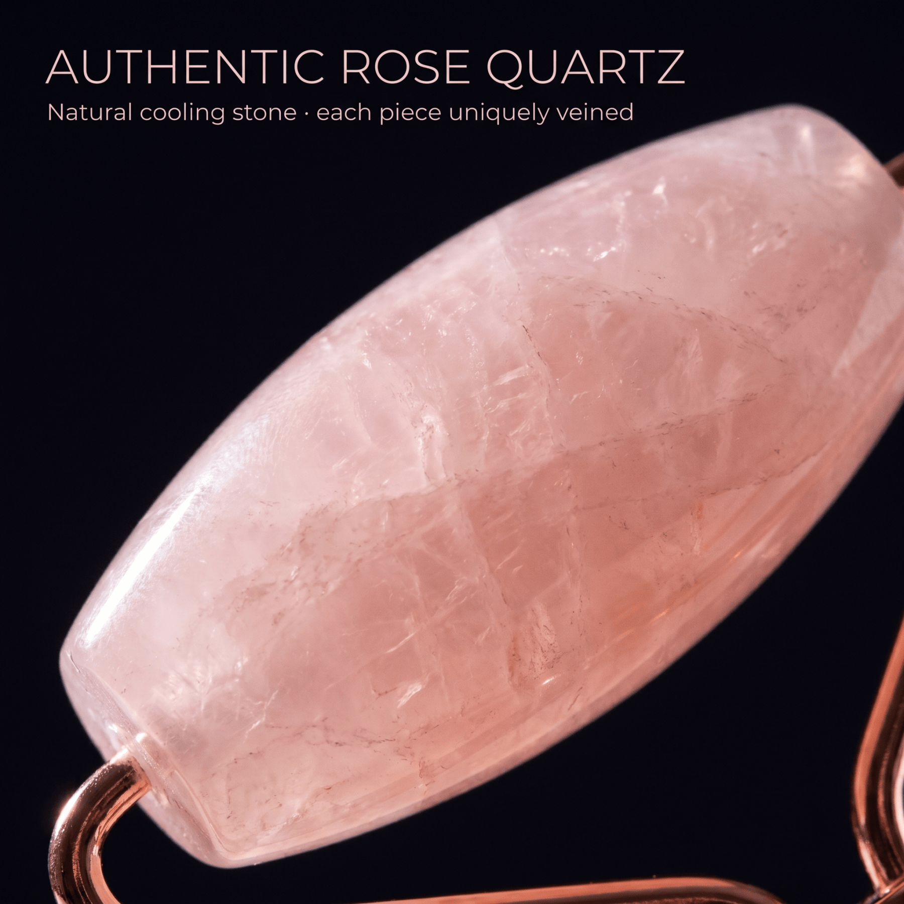Rose quartz stone on a black background with text about authenticity and cooling properties.