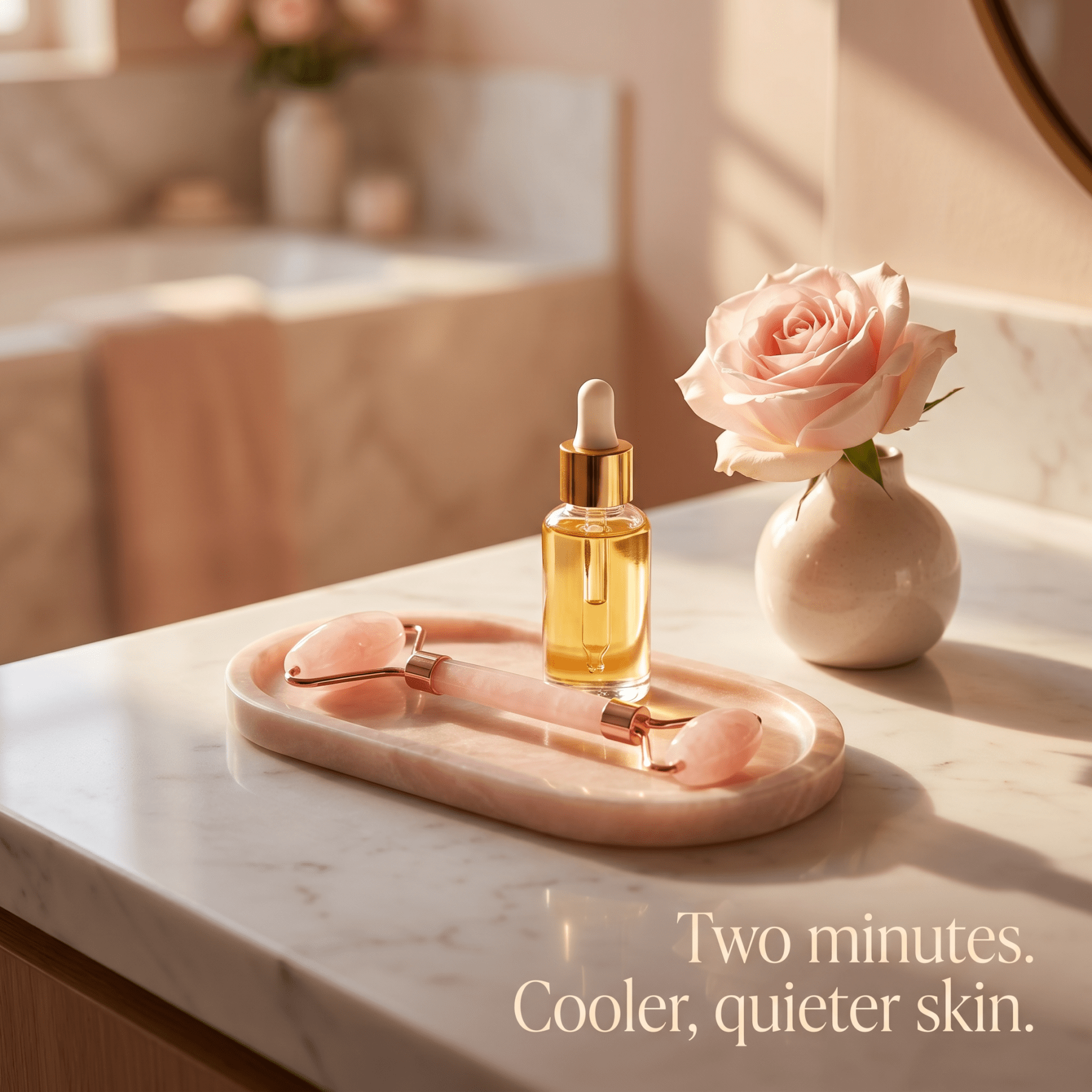 Skincare products on a marble tray with a vase of roses in a bathroom setting.