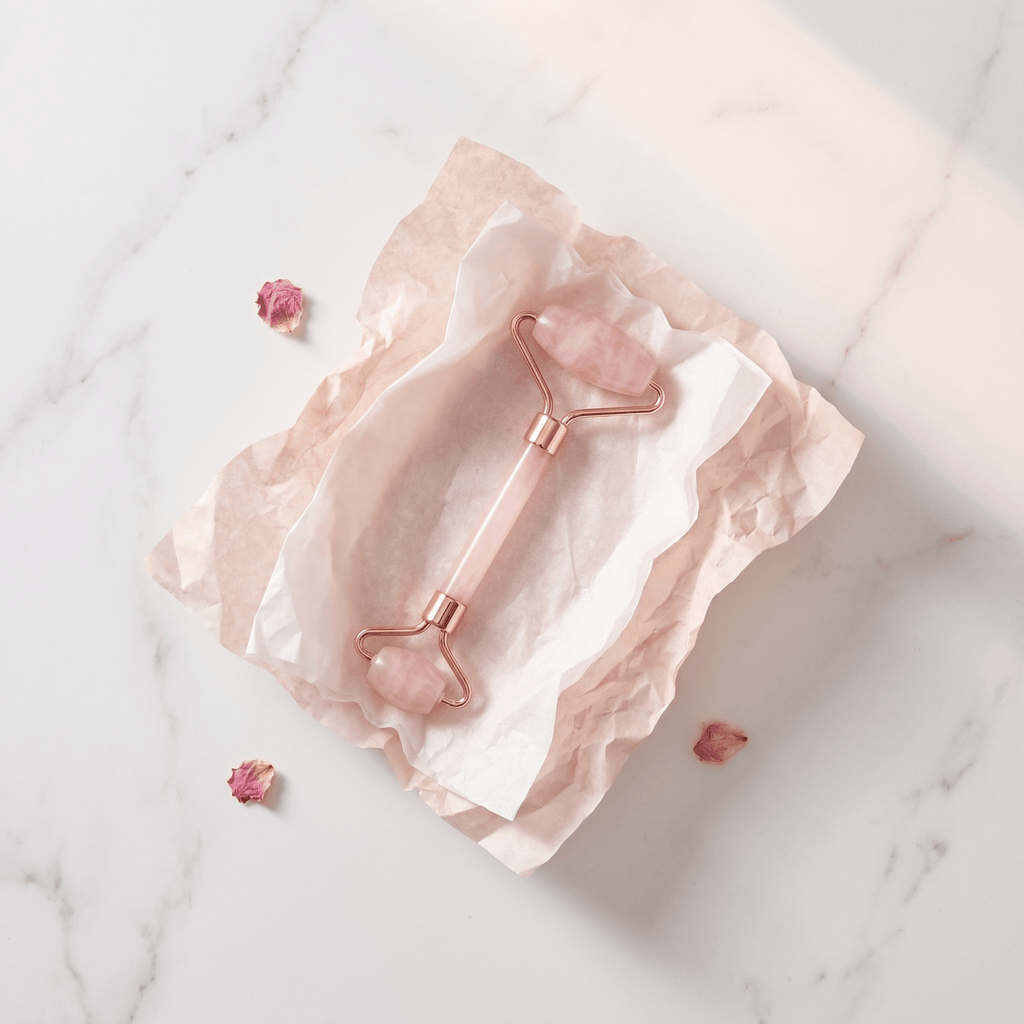 Rose gold facial roller on a marble surface with pink stones