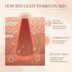 Diagram of red light therapy on skin with labeled layers and effects.